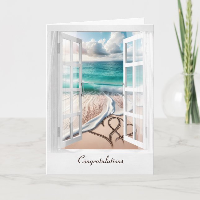 Carte Plage de mariage coeurs dans la fenêtre (Devant)
