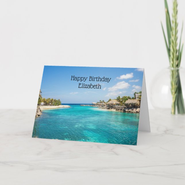 Carte Plage tropicale pittoresque avec huttes de chaume  (Devant)
