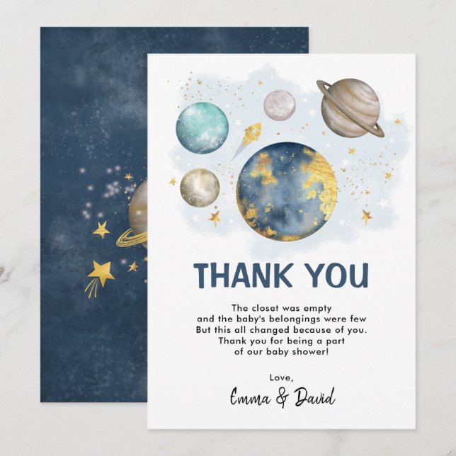 Carte Planète spatiale Galaxie Baby shower Merci (Devant / Derrière)