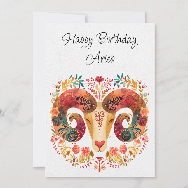 Carte Plat d'anniversaire fleurie Aries Ram Zodiac (Devant)