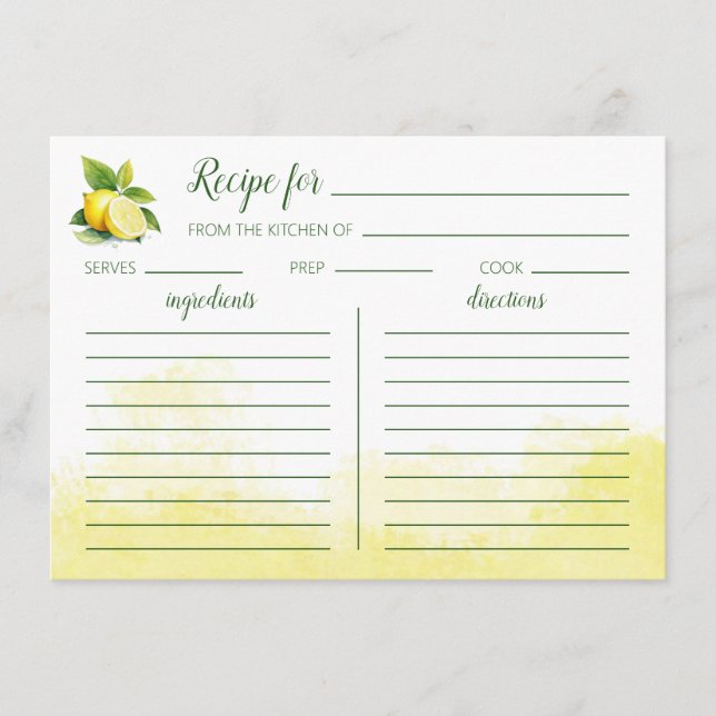 Carte plat de recette d'aquarelle de citron (Devant)