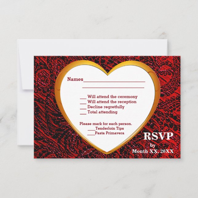 Carte Plat Gold Heart & Red Fabric RSVP & Menu (Devant)