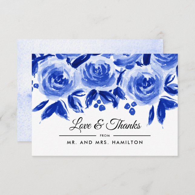 Carte Plat Mariage Merci d'aquarelle bleu (Devant / Derrière)