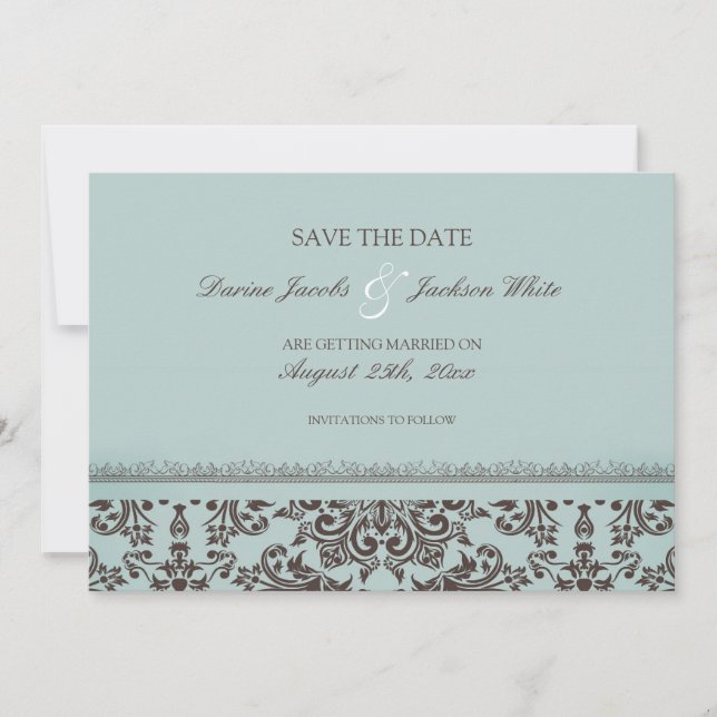 Carte plate damassée pour mariage "Save The Date" (Devant)
