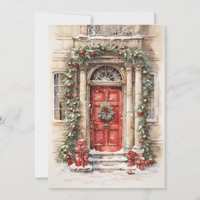 Carte plate de Noël avec porte rouge de vacances (Devant)