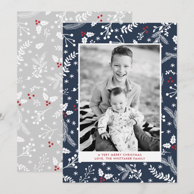 Carte plate de vacances de Noël aux bleuets d'hive (Devant / Derrière)