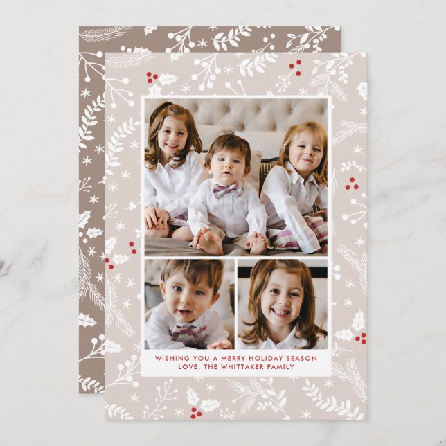 Carte plate de vacances de Noël avec baies d'hiver (Devant / Derrière)