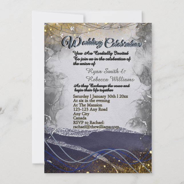 Carte plate d'invitation de mariage Navy Or Argent (Devant)