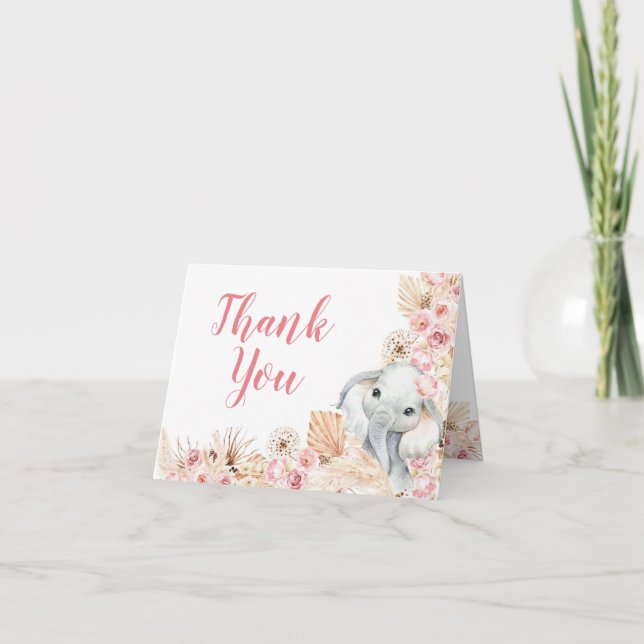 Carte pliée Baby shower fille éléphant Boho rose (Devant)