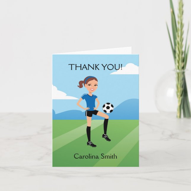 Carte pliée de soccer caricaturale pour fille (Devant)