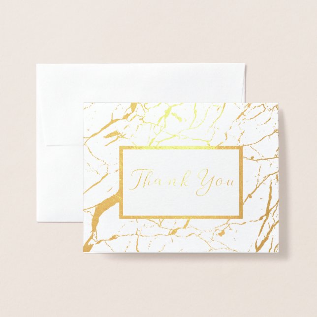 Carte pliée en Merci de marbre blanc et or (Devant avec enveloppe)
