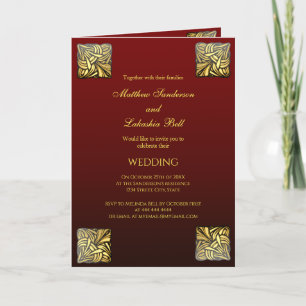Carte pliée mariage or bordeaux avec menu