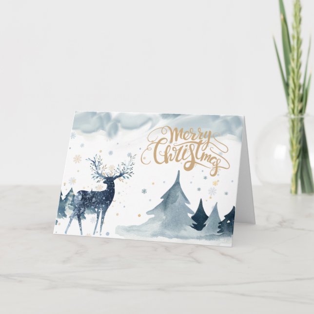 Carte pliée par renne de Noël d'aquarelle (Devant)