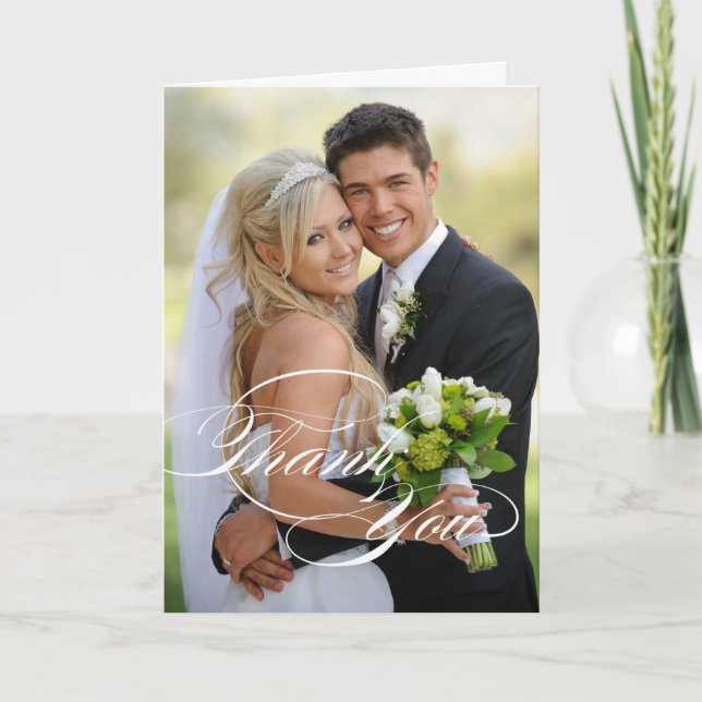 CARTE PLIÉE PHOTO mariage MERCI | SCRIPT BLANC (Devant)