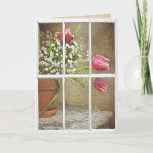Carte pluie à la fenêtre avec bouquet de tulipe