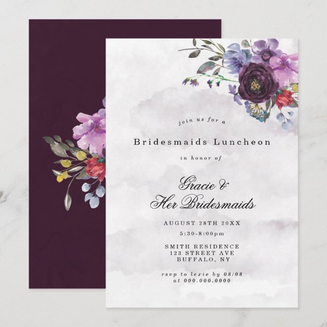 Carte Plum Violet Chic Peony Bridesmaids Luncheon Invita (Devant / Derrière)