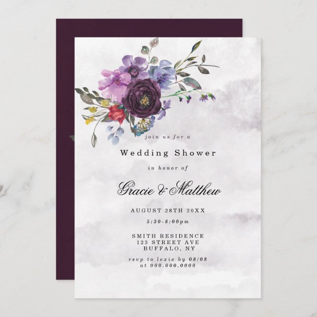Carte Plum Violet Peony Rustic Wedding showers Invitatio (Devant / Derrière)