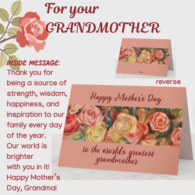 Carte 'Plus Grande Grand-mère' Bouquet de Roses pour la  (A beautiful floral roses Mother's Day card for your special grandmother! All text customizable.)