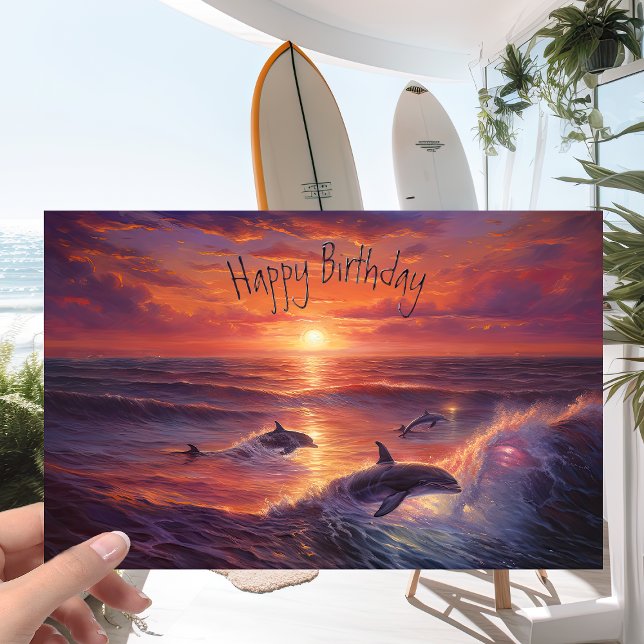 Carte Pod de dauphins sur un coucher de soleil rose océa (Créateur téléchargé)