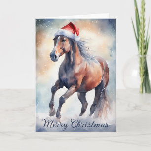 Carte Poème de Noël Cheval bai en hiver Aquarelle