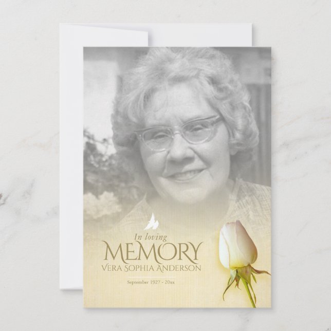 Carte Poème de souvenir avec rose blanche funéraire en p (Devant)