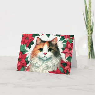 Carte Poinsettia Calico Cat Noël