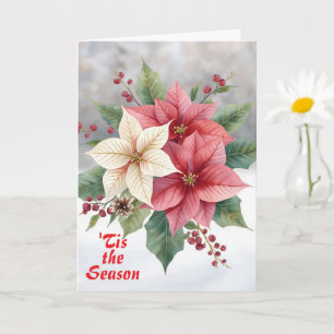 Carte Poinsettia Rose Blanc "C'est la Saison" Noël