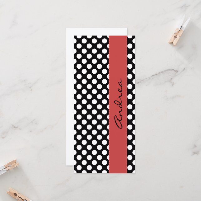 Carte Pois noirs et blancs, pointillés, Votre nom (Devant/Arrière en situation)