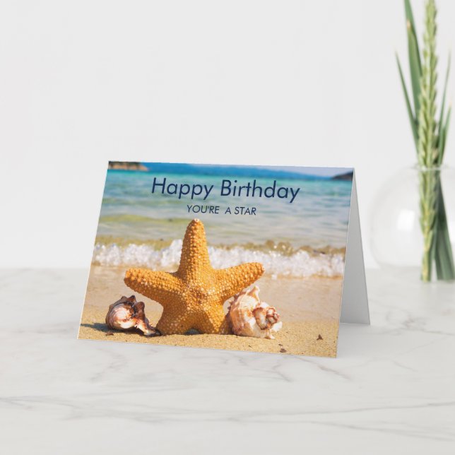 Carte Poisson étoilé et coquillages sur la plage Anniver (Devant)