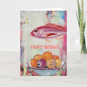 Carte Poisson rose et bol de fruits Collage numérique, A