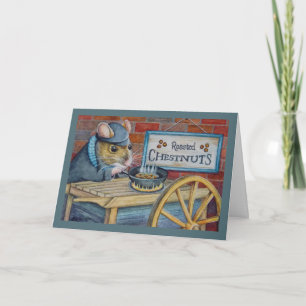 Carte Poitrine de Dickens Noël Souris Rôtissant Marrons