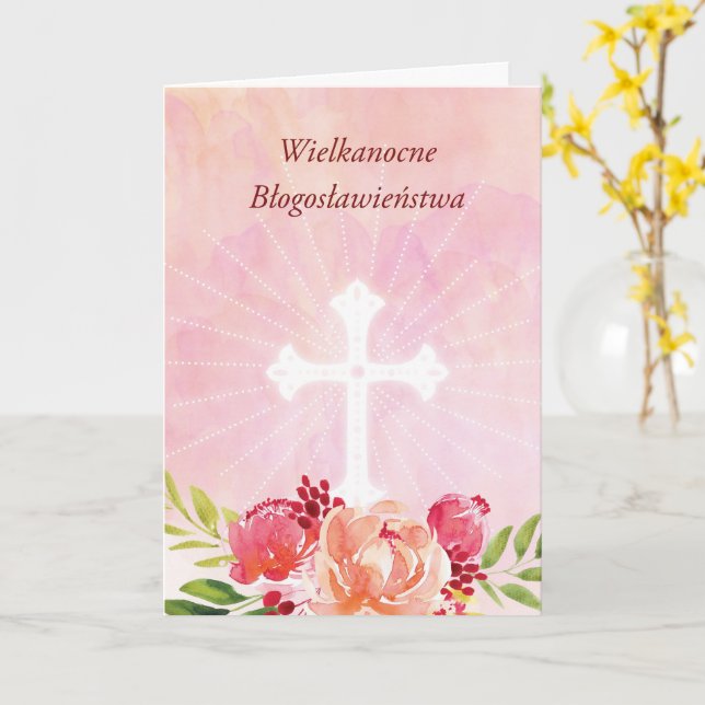 Carte Polish Language Easter Blessings Pink Floral Cross (Fleur jaune)