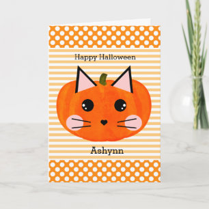 Carte Polka Dot Orange Citrouille Chat Halloween heureux