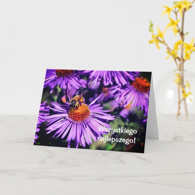 Carte Polonaise Anniversaire Sto Lat Bee Aster Flower (Fleur jaune)