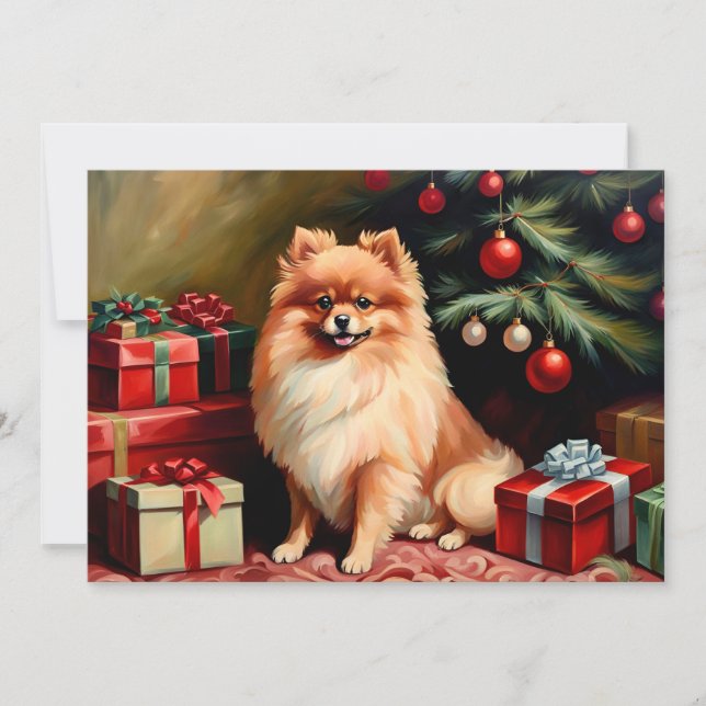 Carte Pomeranian sitting by Christmas tree (Devant)