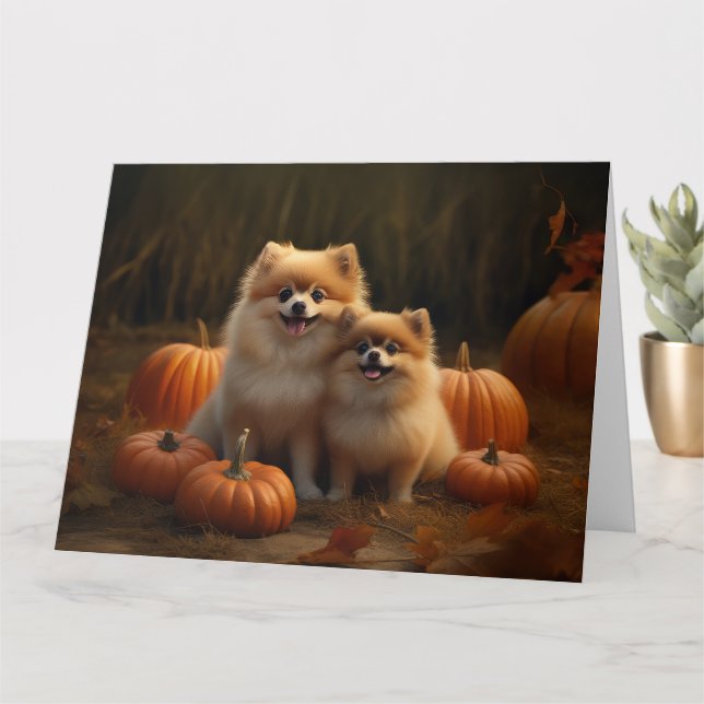 Carte Poméranien Chiot Automne Citrouille délice (Petite plante)