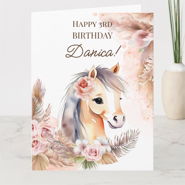 Carte Poney à cheval avec fleurs boho pastel anniversair (Devant)