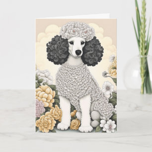 Carte Poodle dans les fleurs lunaires Joyeux anniversair