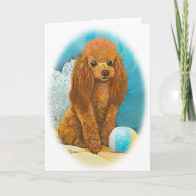 Carte Poodle rouge d'abricot avec balle (Devant)