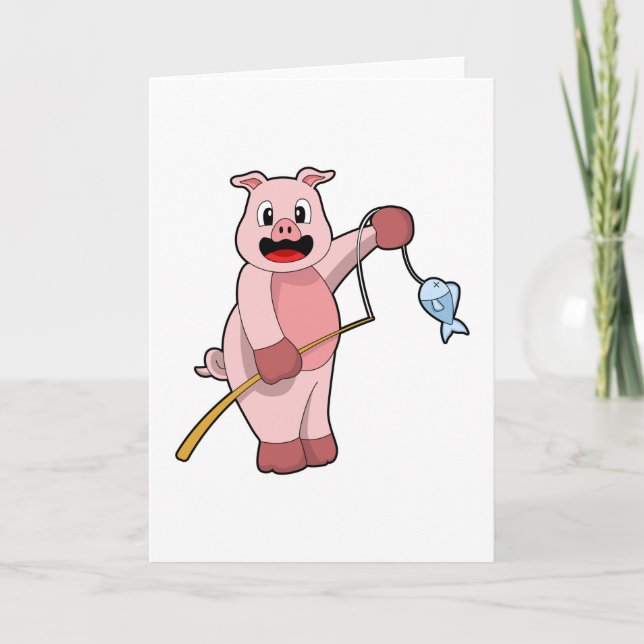 Carte Porc à la pêche avec canne à pêche et poisson (Devant)