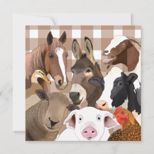 Carte Portrait animal de ferme En vichy chèque - Brown