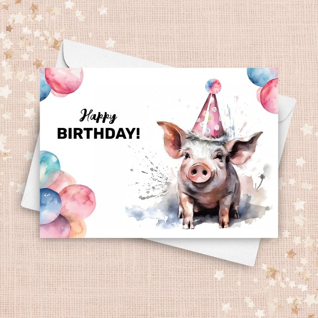 Carte Portrait d'aquarelle d'animal de ferme de porc Joy (Créateur téléchargé)