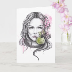 Carte Portrait de femme avec pomme et fleur Art Surreal