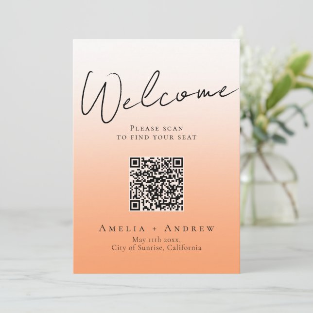 Carte Poser Orange Fuzz Mariage QR Code Seing Chart (Debout devant)