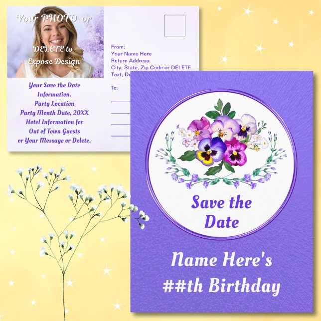 Carte postale (Birthday Save the Date Postcards. Cheap Save the Dates. Pansy Birthday. Save the Date Postcards.)