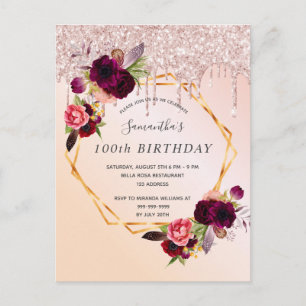 Carte Postale 100e anniversaire rose or parties scintillant invi