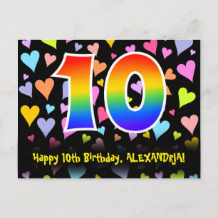 Carte Postale 10e anniversaire : motif de cœurs amusants, arc-en