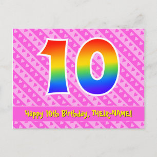 Carte Postale 10e anniversaire : rayures roses et cœurs, arc-en-