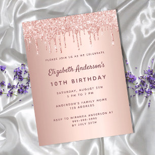 Carte Postale 10e anniversaire rose or parties scintillant rose