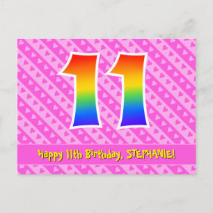 Carte Postale 11e anniversaire : Rayures roses et cœurs, Arc-en-